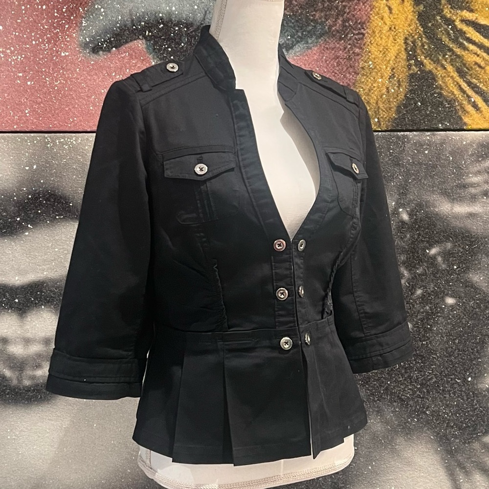 WHBM Black Cropped Military Style Jacket with Buttons Pleats size 8